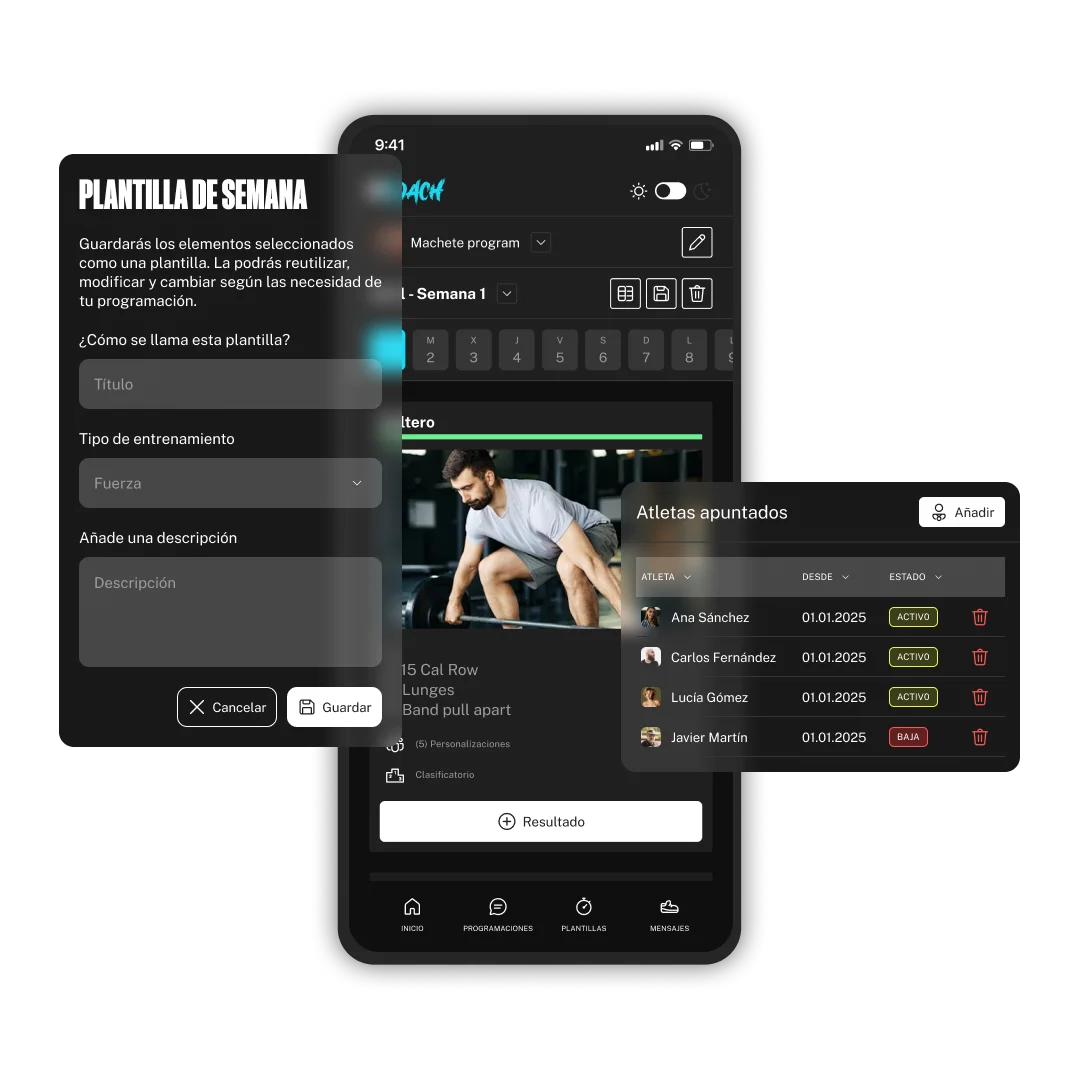 Interfaz de WodBuster Coach — plantillas, programaciones y atletas
