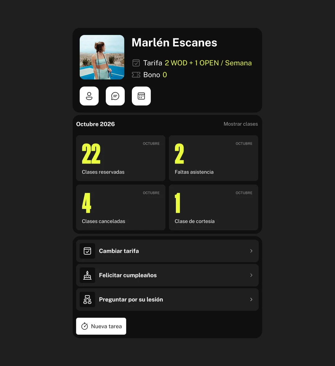 Pantalla de la app: perfil del atleta y estadísticas