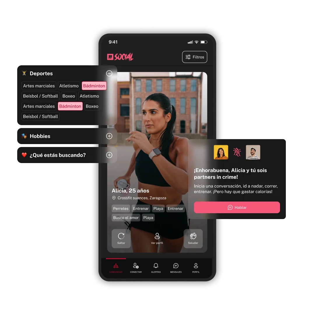 Interfaz de WodBuster Social — comunidad, conectar y perfiles